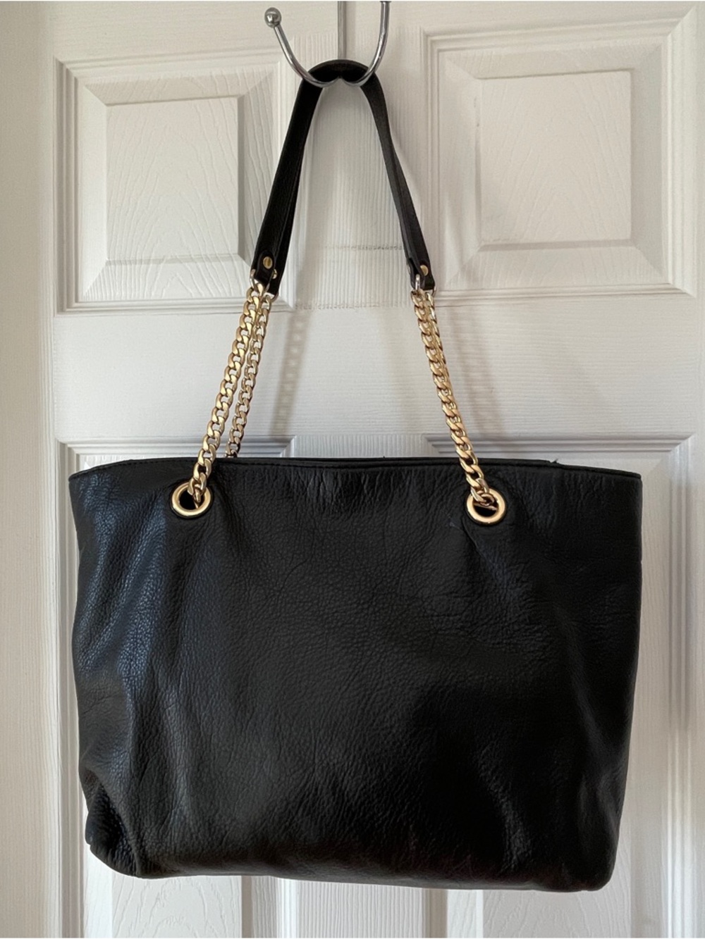 MICHAEL Michael Kors Black Pebbled Leather Tote with Gold Chain Straps